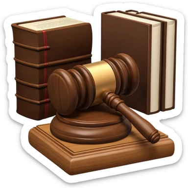 A 3D cartoon judge’s gavel resting on a block beside law books, warm wooden background, realistic Memoji-style rendering. sticker