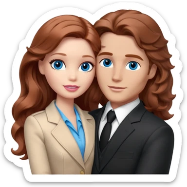 Barbie girl  , eyes blue , Chestnut red long wavy hair In pale beige clothes, Hugs a man with brown hair, brown eyes , and a black suit sticker