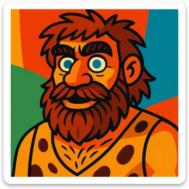 a bearded Neanderthal man with blue eyes, cartoon style, colorful, expressive sticker