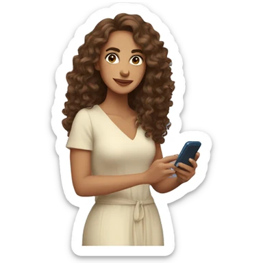 Spain woman content creator with long curly brown hair in blue dress and with smartphone  sticker
