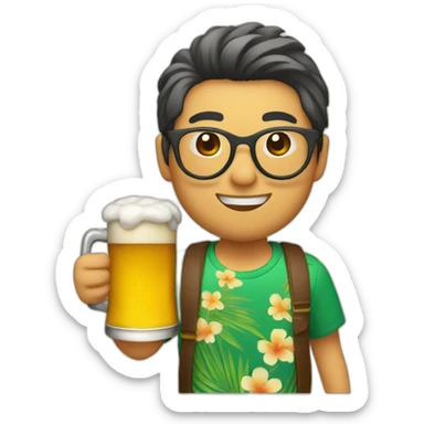 Japanese wearing roundglasses alohashirt is holding beer sticker