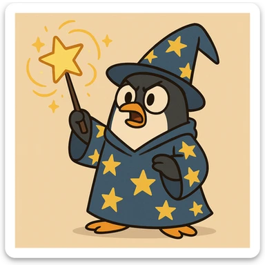 a cute penguin wizard with a starry robe and a wand, casting a spell, cartoon style sticker