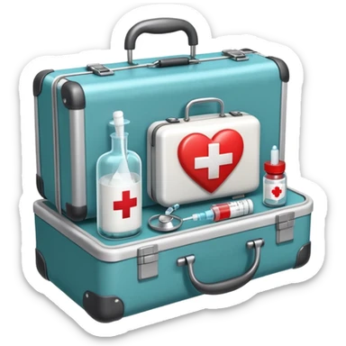 An icon featuring a medical suitcase with a red cross, a bottle of pills, a stethoscope, and a syringe, symbolizing medicine. The design includes a thermometer, bandages, and a heart monitor, representing healthcare and medical treatment. Transparent background highlights the science of healing. sticker
