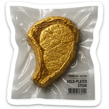 steak covered in edible gold, shiny and inflated, vacuum-sealed style sticker