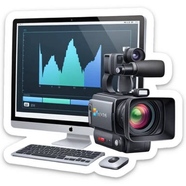 Create an emoji for video editing. Show a computer screen with a video timeline, clips, and editing tools (e.g., scissors). Add a video camera. Use modern, professional colors. Do not include any emojis or smiley faces. Make the background transparent sticker