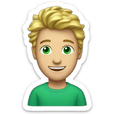 a man, green eyes, blue sweatshirt, green rubies on his head, waves hello sticker