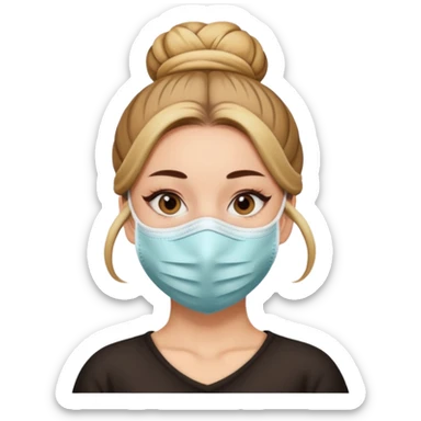 bun haired woman with covid mask sticker