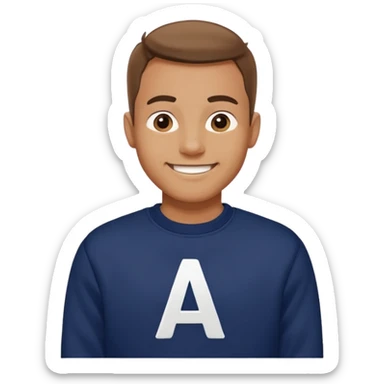 man wearing a navy sweatshirt with a giant white letter A on the upper right of the chest sticker