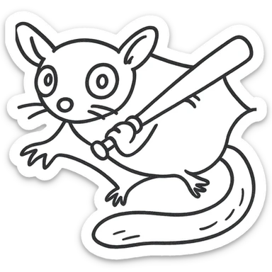 Add a baseball bat to the sugar glider and depict it gliding through the air. Maintain the original style and keep the background transparent. sticker
