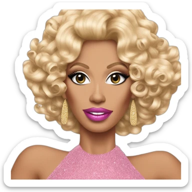 Drag queen Rupaul, curly blonde hair styled swept to the right. pink sequin dress, standing with left hand on hip, right hand raised in the air. Iconic, legendary sticker
