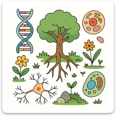 A realistic biological illustration (like in a school book) showing: DNA strands transitioning into a tree, cells with visible organelles, neurons connected to plant roots  and a balanced ecosystem background . Seamless integration, no labels or borders, complete white background (not off white!), detailed but minimalist.  sticker