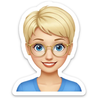blonde teacher with pixie haircut, gold glasses, blue eyes, big eyelashes, nice smile sticker