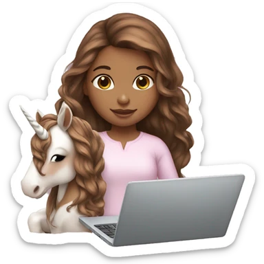 Brown hair girl holding a unicorn and a laptop sticker
