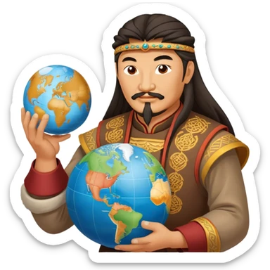 genghis khan as restaurant owner and holds a globe  sticker