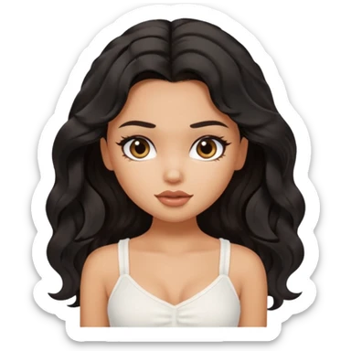 a pretty bratz tan girl with wavy black hair wearing a white cami top. Skintone is tan sticker