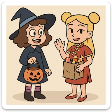 girl brown classic curls hair blue witch a witch costume purple stripes socks black boots girl yellow hair Chinese Girl Costume Red Oriental Dress red shoes some trick or treats  sticker