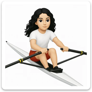 Altındaki tekneyi olimpik kürek sporu için uygun, uzun ve ince yarış teknesi olarak değiştir. Kız siyah uzun dalgalı saçlı, beyaz tenli, kırmızı şort ve beyaz kısa kollu tişörtle olimpik kürek sporu yapıyor sticker