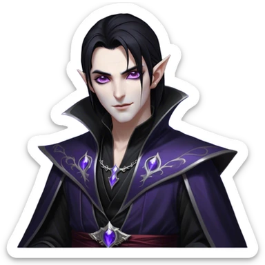 Cinematic Realistic WoW Vampire Mage Portrait, head tilted dramatically with an exaggeratedly amused expression, blending ominous mystique with a wry, unexpected charm. His pallid skin, sleek dark hair, and intricately detailed black robe with silver accents are rendered with lifelike texture and moody, dynamic lighting, high shine, dramatic yet whimsical, capturing a dark mage who wields ancient power with a mischievous glint. sticker