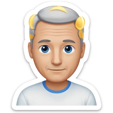 Middle aged man with tanned skin, little black to grey hair, receding hairline and no beard, blue eyes, shy smile sticker