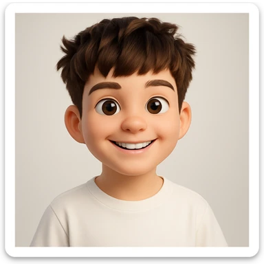 Transform this person into a highly detailed 3D emoji character with a smiling human face, smooth plastic-like textures, big expressive eyes, a slightly oversized head, and soft studio lighting. The style should resemble Apple Memoji and Pixar characters, with rounded shapes, vibrant colors, and a cute, friendly expression. Use a clean, softly blurred background. Ultra-realistic 3D render, sharp focus, 4K resolution. The style should evoke the look of Apple Memoji and Pixar 3D characters. sticker