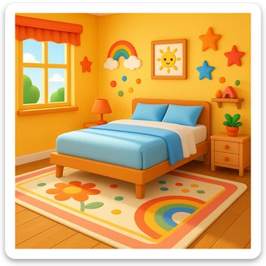 Add a colorful bedroom background with bright walls, playful decorations, and a cozy rug. Keep the room tidy and inviting in emoji style sticker