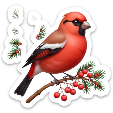 3D emoji of a bright red bullfinch bird (Snegir) sitting on a pine branch covered in fluffy white snow and red frozen rowan berries. Vibrant colors, soft feathers texture, glossy 3D icon style, Apple aesthetic, isolated on a solid white background, studio lighting. sticker