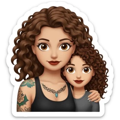 side eye duo — long wavy brown hair tattooed woman and short tight curly brown hair woman — rogue grin sticker