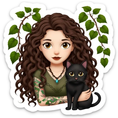woman with long curly brown hair, brown eyes, white skin, tattoos, black cat tangled in living vines sticker