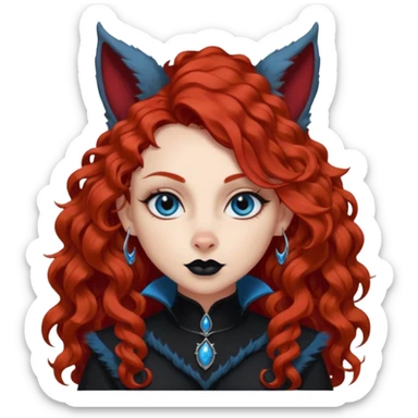  long curly red hair (darker), red pointed ears with black trim, black goth outfits, body and face human, blue eyes, more pointy chin, black lipstick, one big fluffy red squirrel tail with black tips, like the attached photo with more outfits and poses,  sticker