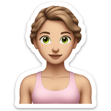 White girl with brown hair and green eyes in light pink workout set on yoga mat sticker