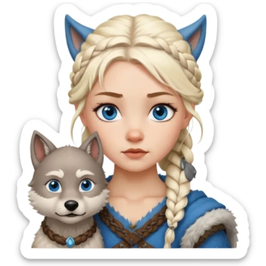 Viking platinum blonde girl with braid and blue eyes. Wolf pet sticker