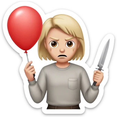 Person looking mad while holding a balloon knife sticker