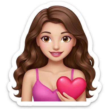 girl with long wavy brown hair, brown eyes, long lashes makeup, sexy pink lips, light to medium complexion, wearing a pink sexy top, smiling, holding a big heart sticker