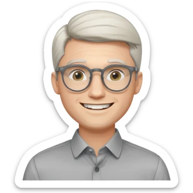 30 yr old pale white man, white/grey side swept stylish hair, round glasses, big smile, white teeth, handsome, longer hair, thin glasses, dress shirt sticker