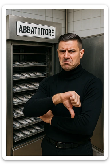 a man stands in front of a commercial fish blast freezer (abbattitore), arms crossed and a displeased, skeptical expression on his face. He shakes his head or gives a thumbs down, clearly rejecting the use of the freezer. The background shows a professional kitchen or fish processing area, with trays of fish ready for freezing. in italiano sticker