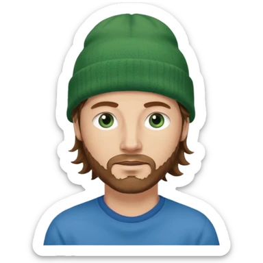 white man
aged 40
Blue eyes, 
mid length brown wavy hair
Green beanie hat sticker