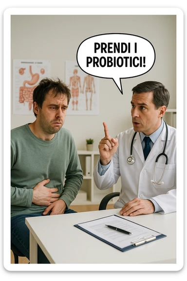 Uomo che ha disbiosi evidente e il dottore gli dice "Prendi i Probiotici!" sticker
