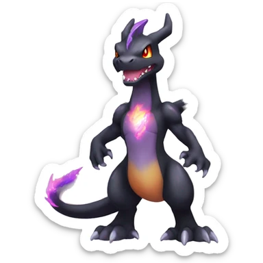 Black shiny sparkly chibi Charizard-Fakémon with purple flame on tail full body sticker