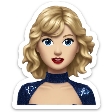 Realistic Taylor swift wearing navy blue glittery sequin bodysuit with tassels and gems and long hair with red lipstick and blue eyes  sticker
