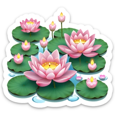 A pond  with lotus flowers and tea lights floating on water sticker