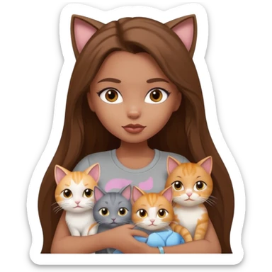 a pretty bratz dusky girl with long brown hair with six cats nd wearing a grey tshirt sticker