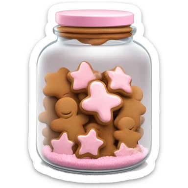 Realistic glass cookie jar with light pink lid full of gingerbread cookies isolated.  sticker