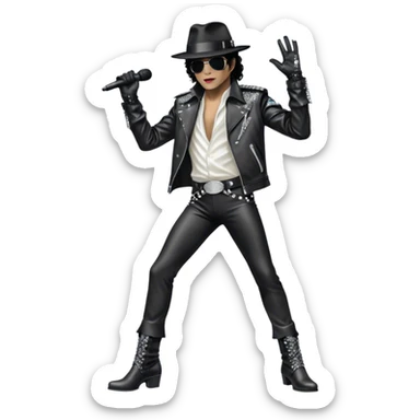 Icon for R&B Music: Michael Jackson on stage with microphone on the stand in full body, wearing his iconic concert costume—black leather jacket, sequined glove, fedora, and boots. He strikes a powerful pose, embodying the energy of R&B music. Transparent background. sticker