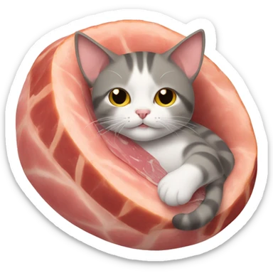 Cat laying down with a large ham on top of him sticker