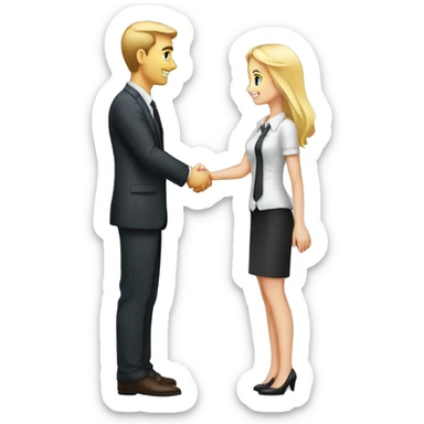 A 40-year-old fair-skinned businessman shakes hands with an 18-year-old fair-skinned blonde girl, full-length emoji sticker