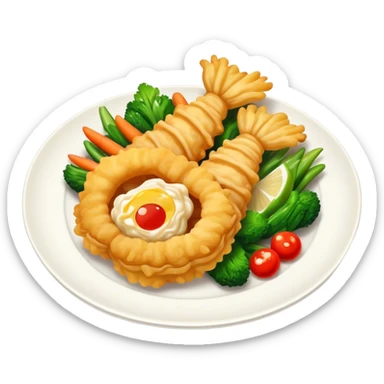 Tempura Cinematic Realistic Tempura Dish Emoji, depicted as extra crispy, lightly battered seafood and vegetables, rendered with vivid textures and dynamic, bright lighting. sticker