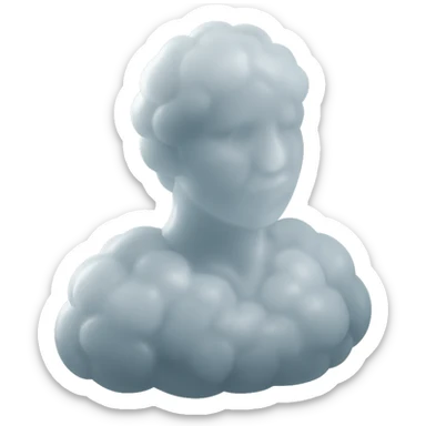 person looking straight, fully made of white fluffy convex clouds, shoulders visible, matte glass style sticker