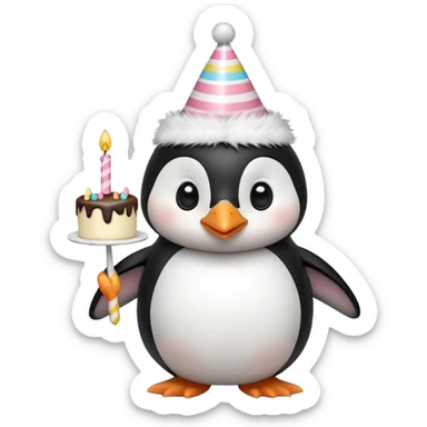 cute penguin with birthday hat hold a birthday cake in arms sticker