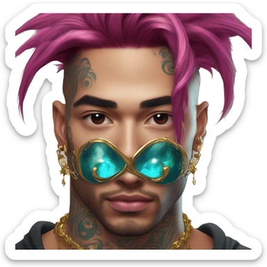 Vintage grunge patina intricate swirls gold jewellery baroque golden sparkle tropical Deep pink maroon burgundy cyan dark hoodie man dyed hair gold piercings nose piercing ear piercings sticker