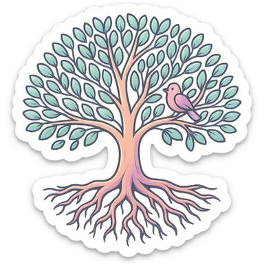Create a more volumetric tree symbolizing family history and a genealogical tree, with enhanced shadows and highlights, detailed branches, leaves, and roots as in the reference. Use thin clean contours, soft rounded shapes, and a pastel palette including #98B5BC, #B5B3C1, #C9A3C9, #E4C0CA, #F7DCD1, #F7C0AA. The style should reflect modern Japanese pop-art and sticker aesthetics with soft lighting and a transparent background. sticker